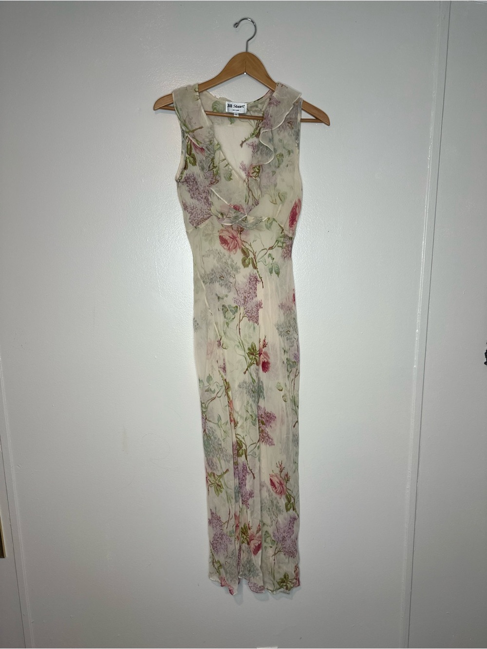 VTG Jill Stuart Silk Chiffon Floral Maxi Dress Cream Sheer V-Neck 8 Fairy Boho